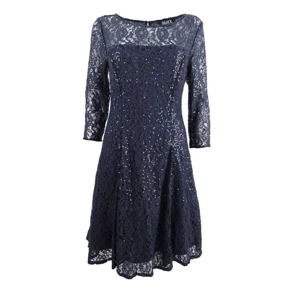SL Fashions Women's Sequined Lace Fit & Flare Dress - Charcoal